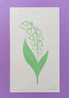 a green and white drawing of flowers on a purple background with the words lily of the valley written below it