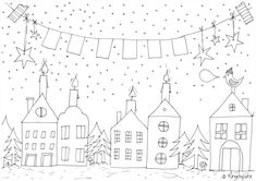 a black and white drawing of houses with christmas decorations on the clothes line above them