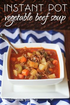 instant pot vegetable beef soup in a white bowl on a blue and white striped towel