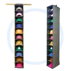 two tall storage racks with hats on them