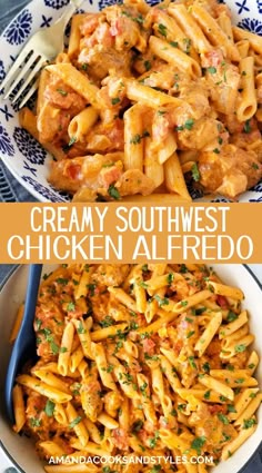 two pictures with different types of pasta in them and the words southwest chicken alfredo on top