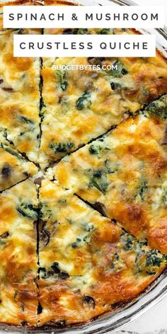 spinach and mushroom crustless quiche with text overlay