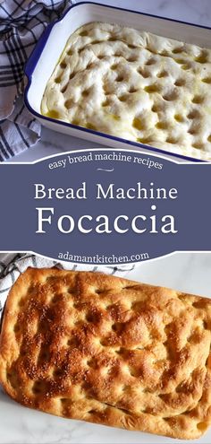 homemade focaccia bread that was freshly baked and a pan with focaccia dough Bread Making For Beginners, Bread Machine Focaccia, Easy Focaccia Bread, Easy Focaccia Bread Recipe, Easy Focaccia, Foccacia Bread