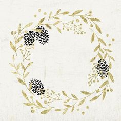 a gold wreath with pine cones and leaves