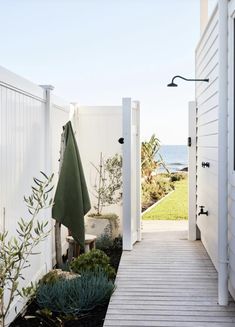 an open door leading to a white fenced in area with succulents and plants