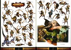 an open book with pictures of various characters in the same style and character designs on each page