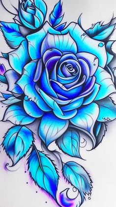 a drawing of a blue rose with leaves