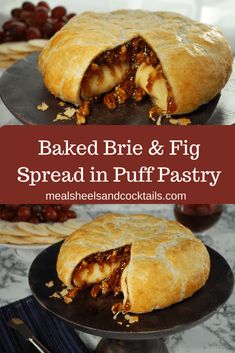 baked brie and fig spread in puff pastry on a black plate with red grapes