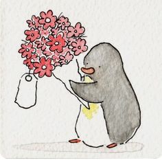 a drawing of a penguin holding a bouquet of flowers