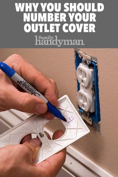 a man is working on an electrical outlet with the words, why you should number your outlet cover