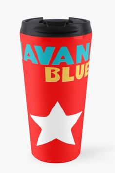 a red travel mug with the words avan blue on it and a white star