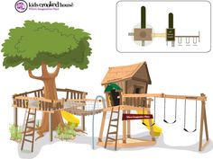 a tree house and swing set for children