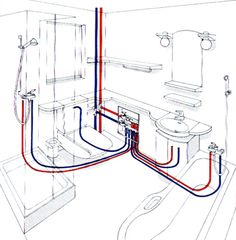 a drawing of a bathroom with red and blue pipes running from the toilet to the sink