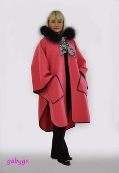 ✿ Beautiful rose hooded Coat! ▹ Cozy, chic Cloak! ✿ Simple and elegant style with fur hood! ▹ So elegant and feminine! ��✿ Made of 100% wool! ▹ Extravagant Fur Hood. ✿ Very convenient to carry! ▹ QUALITY Wool fabric. ✿ A long wool cape! Maxi wool coat! ▹ This cape is very soft and tender touch, very classy and beautiful. Has a simple and elegant style! It is convenient to carry!  ✂ Fabric 💯 Wool 🔔 Care: Only Dry Cleaning! Do not twist or fold! Do not wring! ▹ The style was originally designed an Red Coat Winter, Mantel Cape, Red Winter Coat, Wool Cape Coat, Japanese Clothing, Kimono Coat, Hooded Cape, Plus Size Winter, Wool Cape