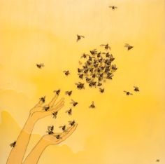 a painting with many bees flying in the air and one hand reaching out to it