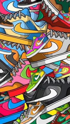 many colorful sneakers are stacked on top of each other in the same pattern and color