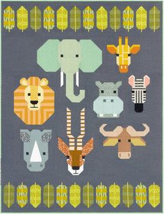 an elephant, zebra, giraffe and other animal heads on a gray background