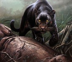 a painting of a black leopard walking on top of a rock in the jungle with yellow eyes