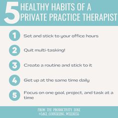 Here are 5 healthy habits of a private practice therapist ⚡️ Practice these and feel like an accomplished entrepreneur 🙌Click the link to view our mentorship services! 

Credit: @theproductivityzone

#atlantatherapist #therapistsofig #therapistsofinstagram #therapists #therapy #therapistproblems #therapistlife #mentalhealthadvocate #mentalhealthmatters #mentor #mentoring #mentorship #successmentor Counseling, Feel Like