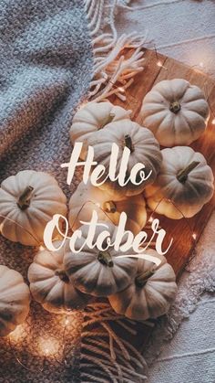 some white pumpkins on a wooden board with the words hello october written in it