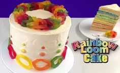 there is a cake with gummy bears on it and a piece of cake next to it