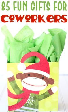 a sock monkey in a gift bag with the words, 25 fun gifts for coworkers