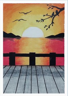 a painting of a sunset with birds flying over the water and a wooden dock in front of it