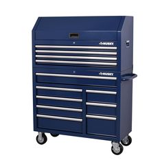 a blue tool cabinet with two drawers on the top and one drawer on the bottom