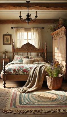 a bedroom with a bed, dresser and rug on the floor in front of it