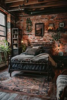 Industrial Bedroom Furniture Ideas, Boho Bedroom With Brick Wall, Green And Brick Bedroom, Black And Brick Bedroom, Wood And Metal Bedroom Ideas, Exposed Brick Bedroom Aesthetic, Soft Industrial Bedroom, Maximalist Industrial Decor, Brick Wall Behind Bed