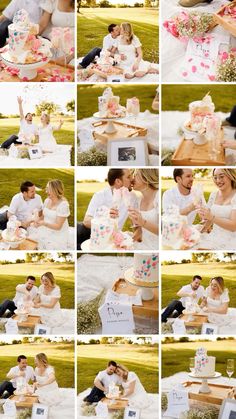 a collage of photos showing a couple cutting their wedding cake