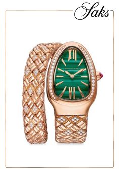 From the Serpenti Collection. Crafted of polished 18K rose gold, BVLGARI's Serpenti Spiga watch flaunts a drop-shaped case and a malachite dial with Roman numeral and baton hour markers. White diamonds at the bezel and single-twist bracelet lend brilliant radiance to this captivating timepiece. Swiss quartz movement Diamonds, 1.75 tcw Rubellite cabochon at crown Malachite dial Roman numeral and baton hour markers 18K-rose-gold case and bracelet Slip-on style Made in Switzerland FEATURES Water-resistant to 3 ATM Model number: 103626 SIZE Drop-shaped case, 35mm (1.38) Small: 5.31 length ABOUT THE BRAND Twist Bracelet, Single Twist, Singles Twist, Bvlgari Serpenti, Twisted Bracelet, Rose Gold Case, Women Watches, Roman Numeral