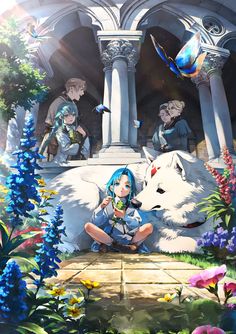 an anime scene with two people and a dog in the foreground, surrounded by blue flowers