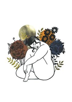 a drawing of a naked woman sitting in front of flowers and the moon behind her