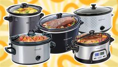 four different crock pot and slow cookers with food in them on a colorful background