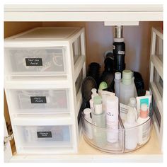 Bathroom under-sink cabinet that’s organized using stacking drawers and turntable Bathroom Organization Under Sink Apartment, Bathroom Organizer Under Sink, Bathroom Organization And Decor, Small Under Bathroom Sink Organization, Master Bath Under Sink Organization, Ikea Under Sink Storage Bathroom, Bathroom Cupboard Organization Under Sink Master Bath, Small Bathroom Cupboard Organization, Bathroom Hair Organization