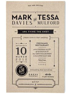 a wedding card with the words mark and tesa on it, in black ink