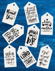 ten hand - lettered tags with bible verses on them