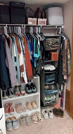 a closet filled with lots of clothes and shoes