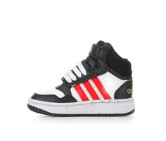 Synthetic leather upper with padded collar and fabric lining, Dual adjustable Velcro straps for a secure fit, Classic round toe, Absorbent fabric lined insole, Durable rubber midsole and outsole with traction pattern, adidas® branding details including iconic three stripes | Boys' Adidas Toddler Hoops Mid 3.0 Sneakers in Black/Red/Speck Size 5 - Toddler Basketball Style, Adidas Branding, Mid Top, Top Design, Velcro Straps, Sporty Style, Synthetic Leather, Sneakers Black, Black Red