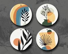 four coasters with plants on them and the words habocoloror written in different languages