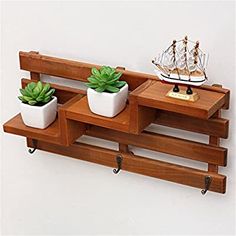 three potted plants are sitting on wooden shelves with metal brackets and hooks to hold them