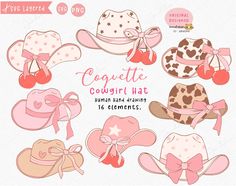 cowgirl hat clipart set with pink and brown hats, bows, and hearts