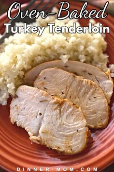 an orange plate topped with sliced turkey and rice