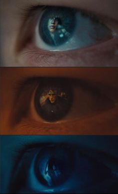 three different images of the same person's eyes with their reflection in each eye