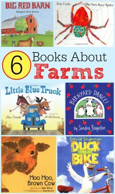 six books about farm animals with the title 6 books about farms written in red and blue