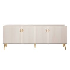 the sideboard with three doors and two legs in white wood, on a white background