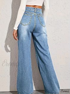 Eromis - Womens High-Waisted Wide Leg Denim Pants in Blue with Slash Pockets - Stylish Straight Leg Jeans Ripped Full Length Bottoms For Spring, Spring Full Length Ripped Bottoms, Ripped Non-stretch Wide Leg Bottoms, Ripped Non-stretch Wide-leg Bottoms, Spring Solid Color Wide Leg Jeans, Mid-rise Solid Color Denim Jeans, Wide Leg Denim Bottoms In Solid Color, Mid-rise Solid Color Jeans For Spring, Spring Denim Jeans Solid Color