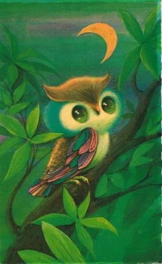 a painting of an owl sitting on a tree branch with the moon in the background