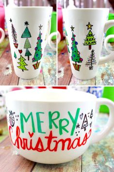 two coffee mugs decorated with christmas trees and merry lettering, sitting on a table